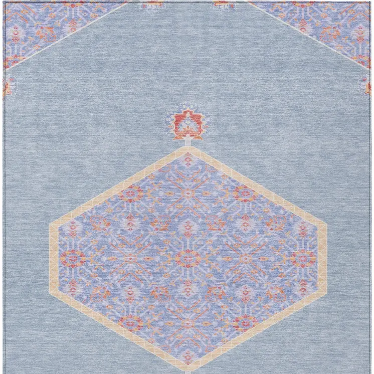 10' X 14' Denim Blue And Orange Oriental Washable Indoor Outdoor Area Rug