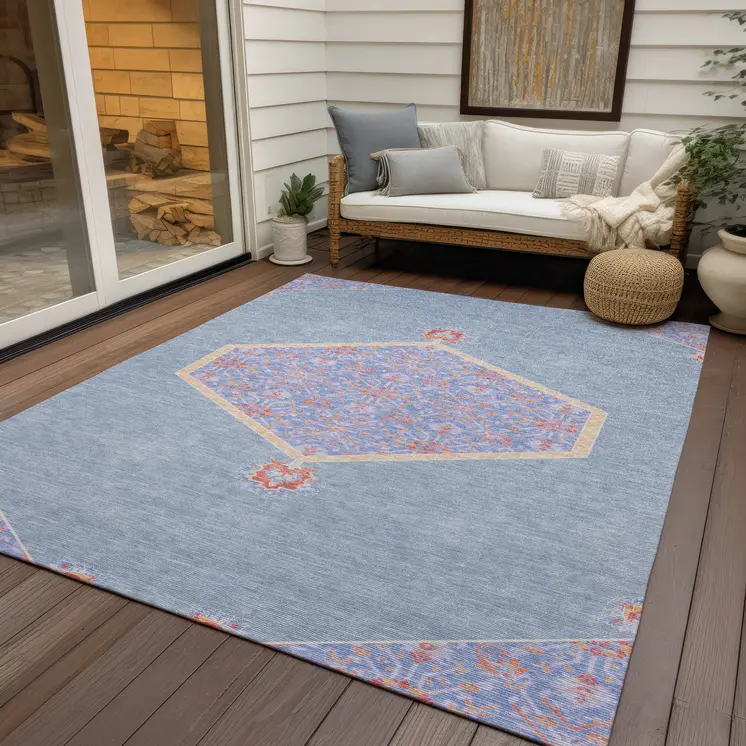 10' X 14' Denim Blue And Orange Oriental Washable Indoor Outdoor Area Rug