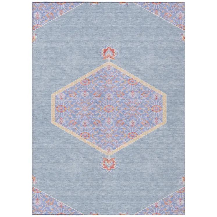 10' X 14' Denim Blue And Orange Oriental Washable Indoor Outdoor Area Rug