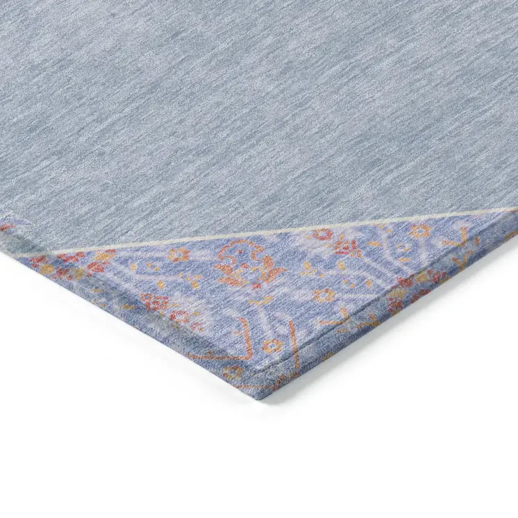 10' X 14' Denim Blue And Orange Oriental Washable Indoor Outdoor Area Rug