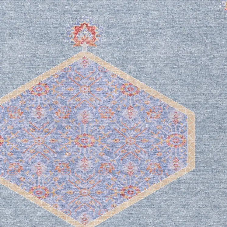 10' X 14' Denim Blue And Orange Oriental Washable Indoor Outdoor Area Rug