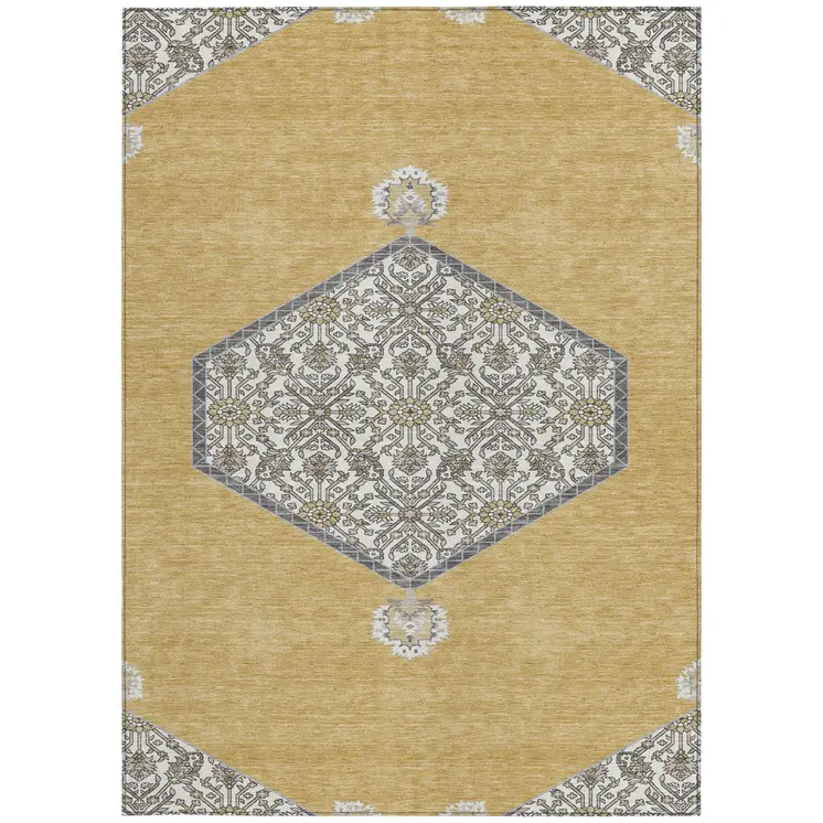 3' X 5' Gold Ivory And Beige Oriental Washable Indoor Outdoor Area Rug