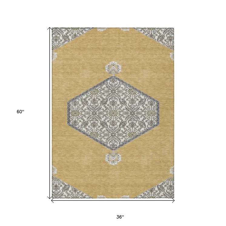 3' X 5' Gold Ivory And Beige Oriental Washable Indoor Outdoor Area Rug