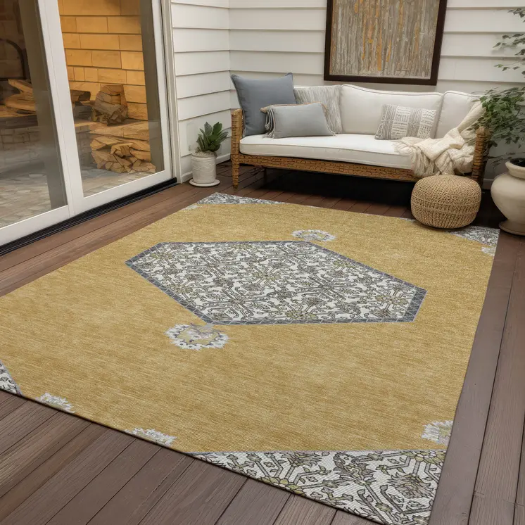 5' X 8' Gold Ivory And Beige Oriental Washable Indoor Outdoor Area Rug