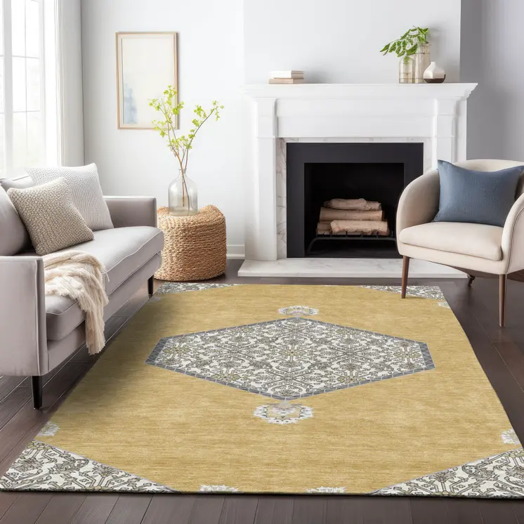 5' X 8' Gold Ivory And Beige Oriental Washable Indoor Outdoor Area Rug