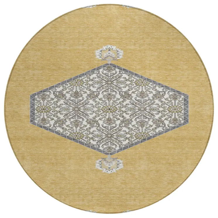 8' Gold Ivory And Beige Round Oriental Washable Indoor Outdoor Area Rug