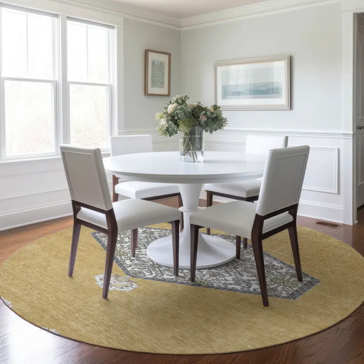 8' Gold Ivory And Beige Round Oriental Washable Indoor Outdoor Area Rug