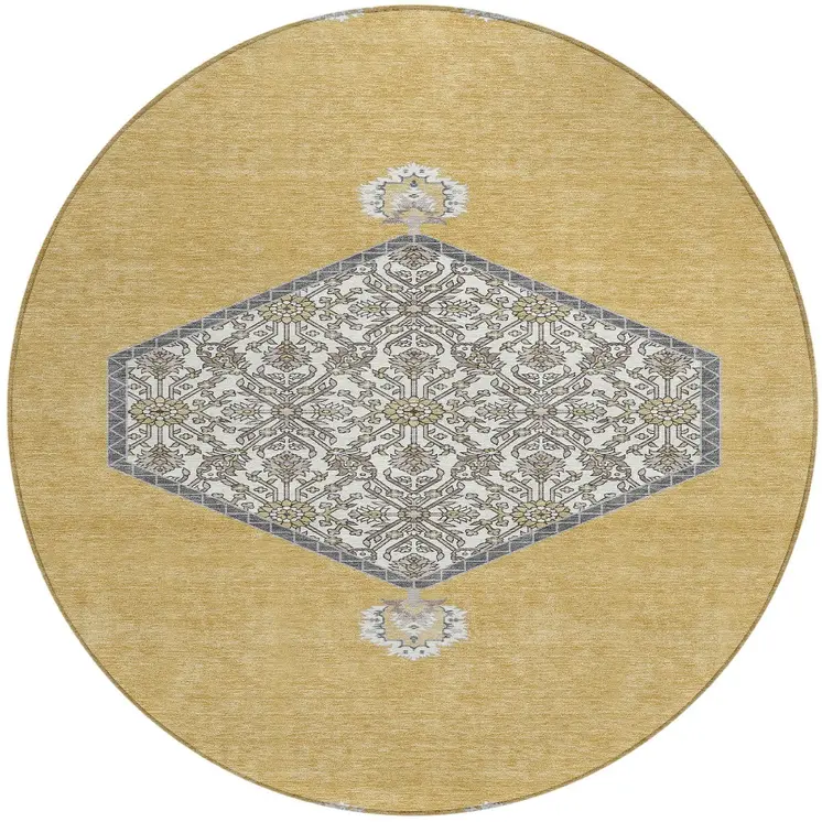 8' Gold Ivory And Beige Round Oriental Washable Indoor Outdoor Area Rug