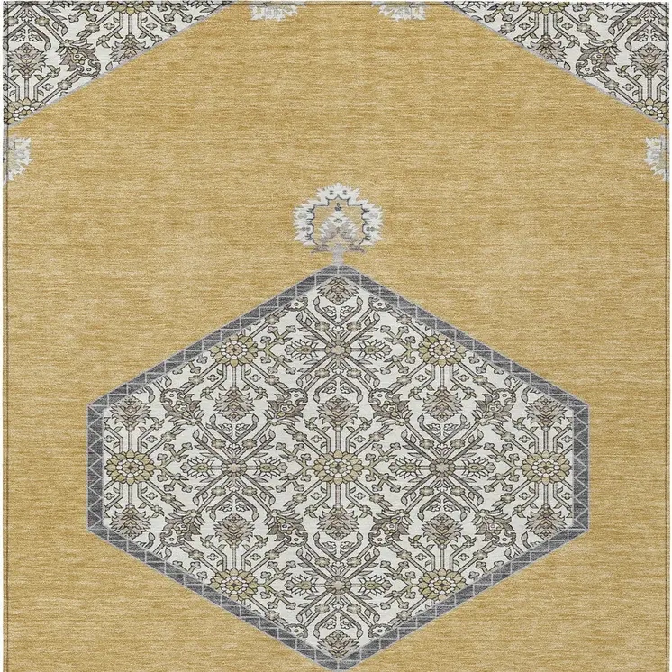 10' X 14' Gold Ivory And Beige Oriental Washable Indoor Outdoor Area Rug