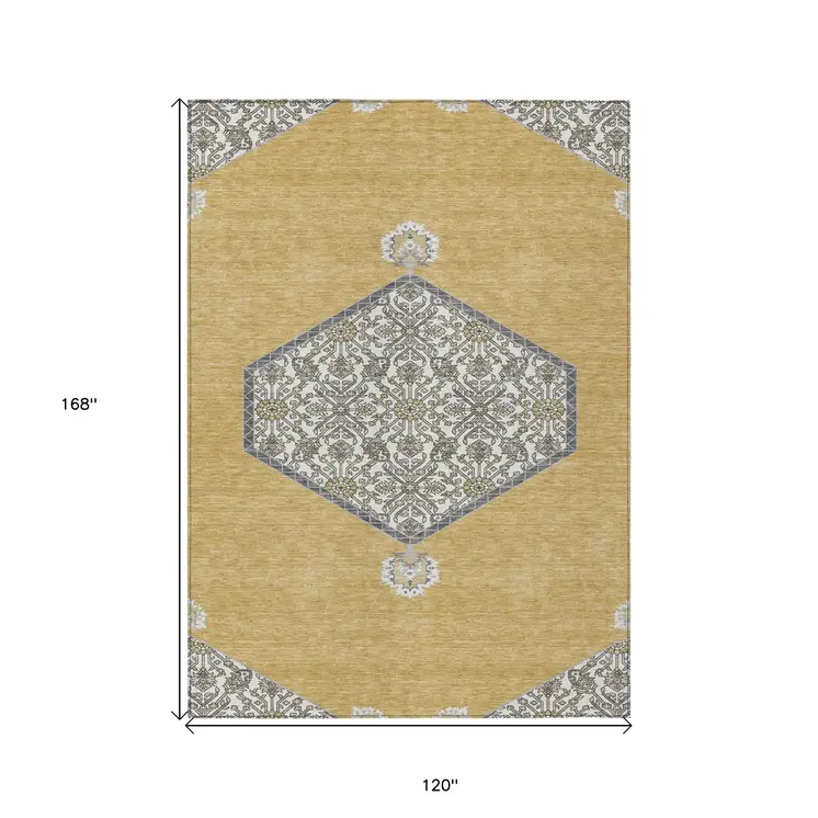 10' X 14' Gold Ivory And Beige Oriental Washable Indoor Outdoor Area Rug