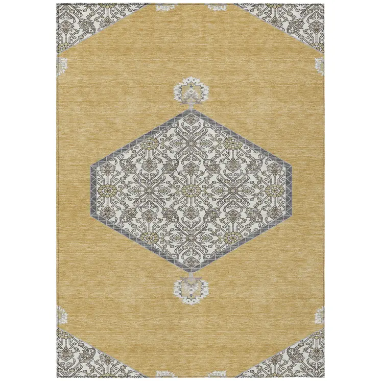10' X 14' Gold Ivory And Beige Oriental Washable Indoor Outdoor Area Rug