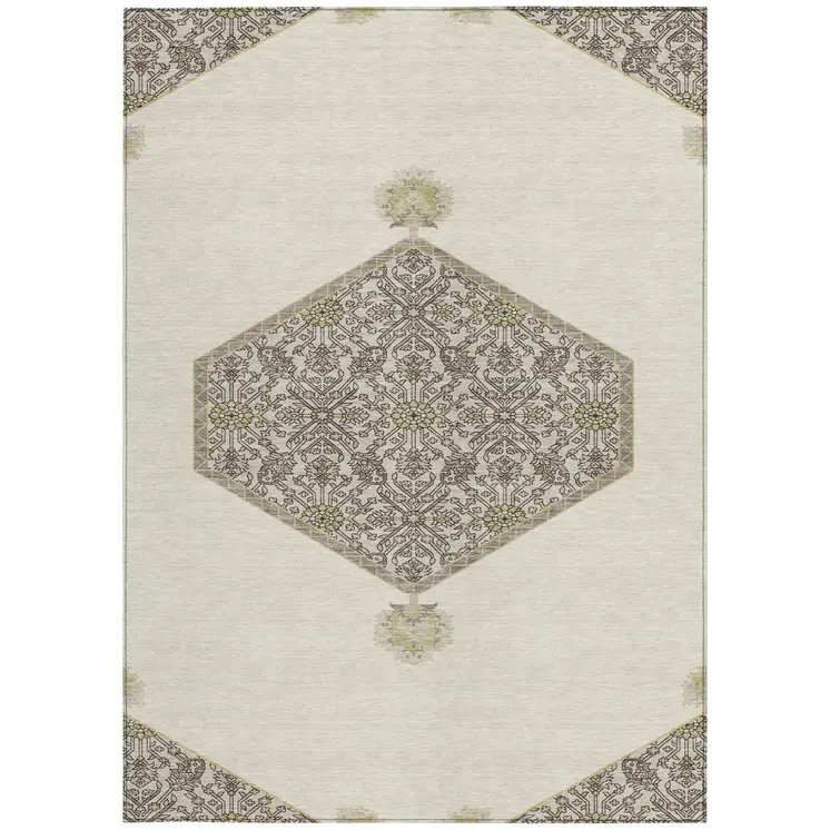 3' X 5' Ivory Beige And Gray Oriental Washable Indoor Outdoor Area Rug