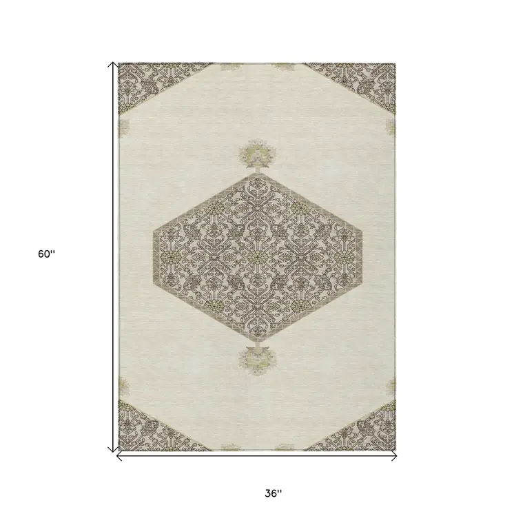 3' X 5' Ivory Beige And Gray Oriental Washable Indoor Outdoor Area Rug