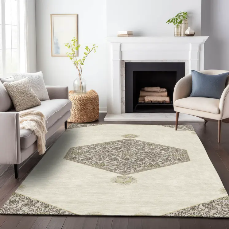 3' X 5' Ivory Beige And Gray Oriental Washable Indoor Outdoor Area Rug