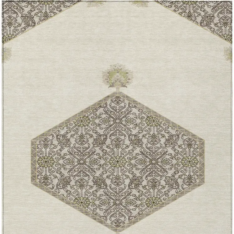 5' X 8' Ivory Beige And Gray Oriental Washable Indoor Outdoor Area Rug