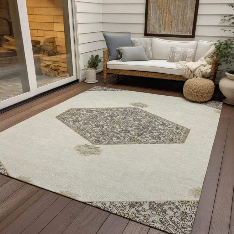 5' X 8' Ivory Beige And Gray Oriental Washable Indoor Outdoor Area Rug