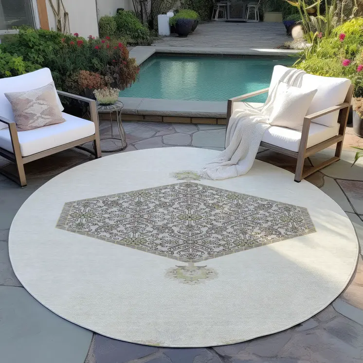 8' Ivory Beige And Gray Round Oriental Washable Indoor Outdoor Area Rug