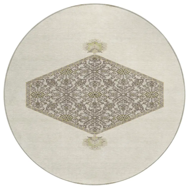 8' Ivory Beige And Gray Round Oriental Washable Indoor Outdoor Area Rug