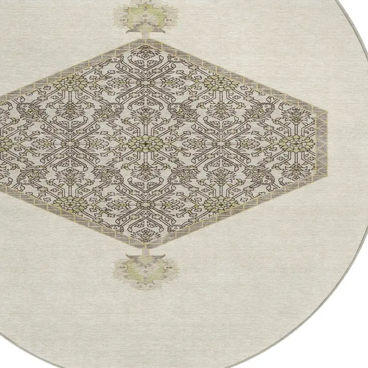 8' Ivory Beige And Gray Round Oriental Washable Indoor Outdoor Area Rug