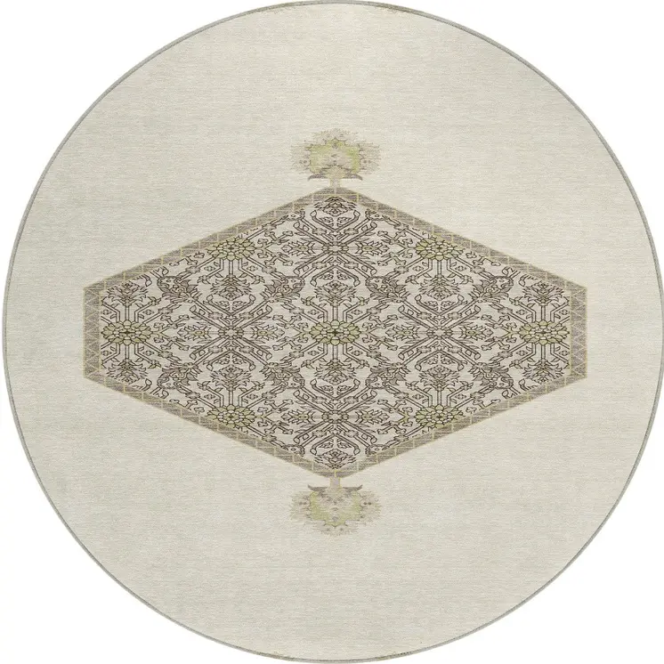 8' Ivory Beige And Gray Round Oriental Washable Indoor Outdoor Area Rug