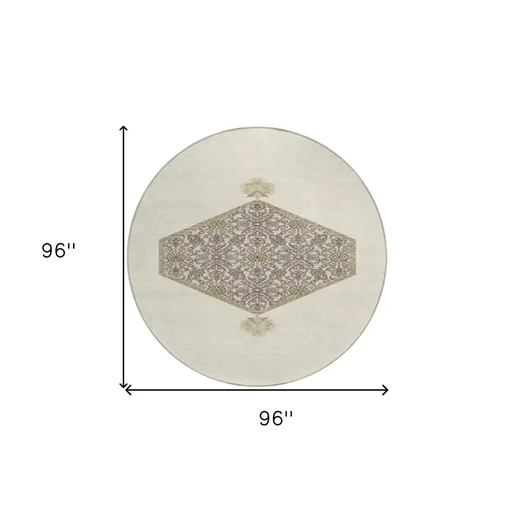 8' Ivory Beige And Gray Round Oriental Washable Indoor Outdoor Area Rug