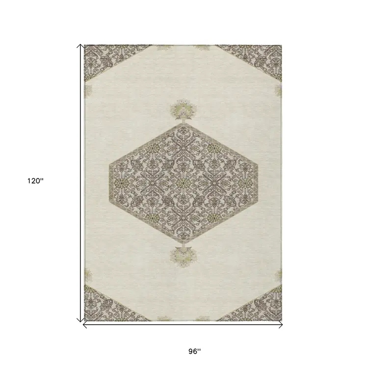 8' X 10' Ivory Beige And Gray Oriental Washable Indoor Outdoor Area Rug