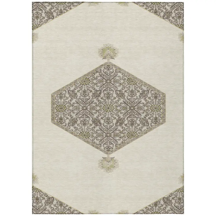8' X 10' Ivory Beige And Gray Oriental Washable Indoor Outdoor Area Rug