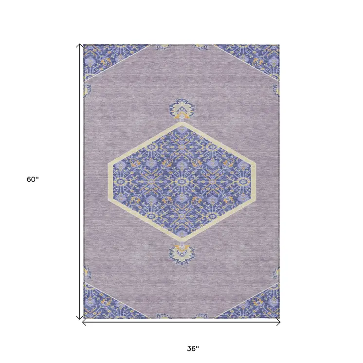 3' X 5' Lavender Gold And Purple Oriental Washable Indoor Outdoor Area Rug