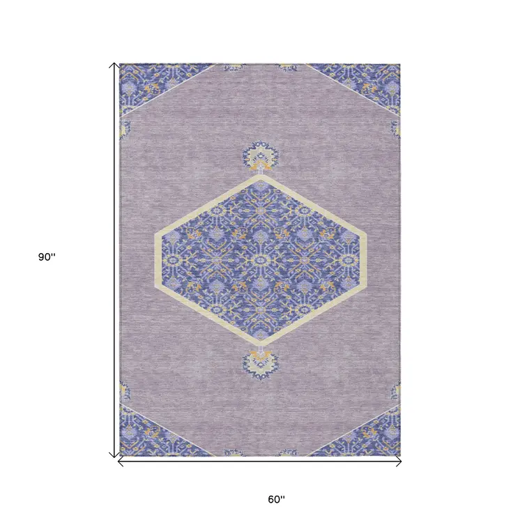 5' X 8' Lavender Gold And Purple Oriental Washable Indoor Outdoor Area Rug