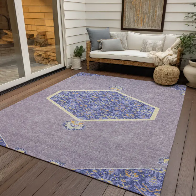 5' X 8' Lavender Gold And Purple Oriental Washable Indoor Outdoor Area Rug