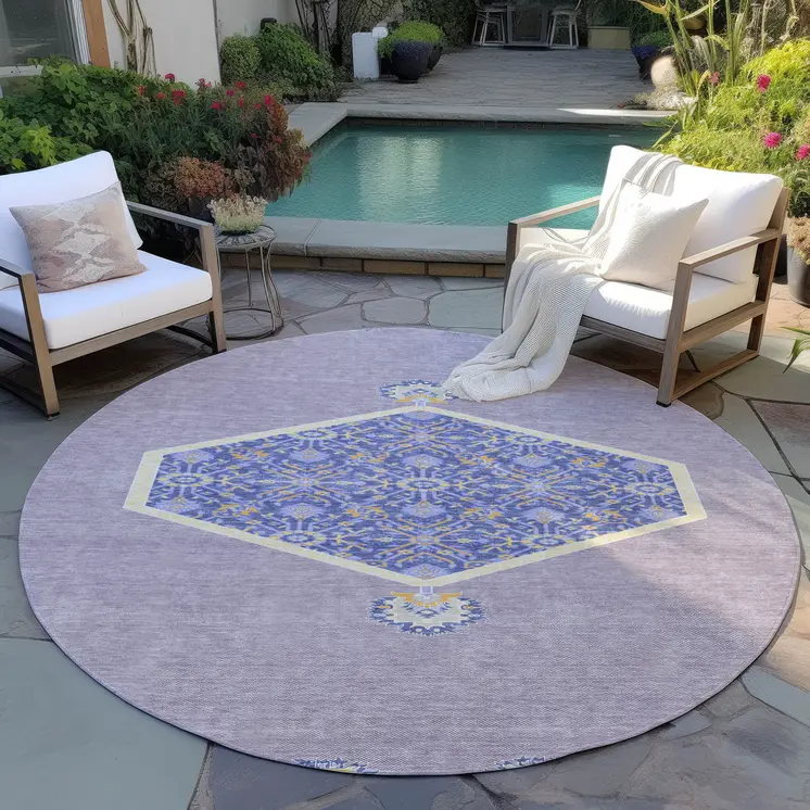 8' Lavender Round Oriental Washable Indoor Outdoor Area Rug