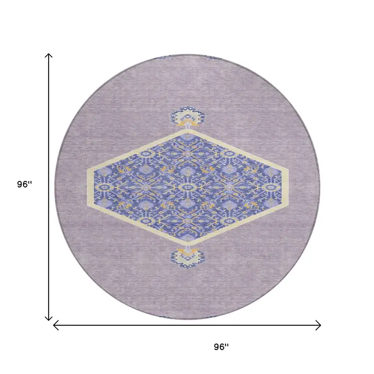 8' Lavender Round Oriental Washable Indoor Outdoor Area Rug