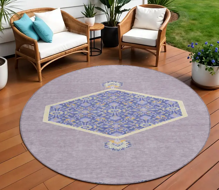 8' Lavender Round Oriental Washable Indoor Outdoor Area Rug