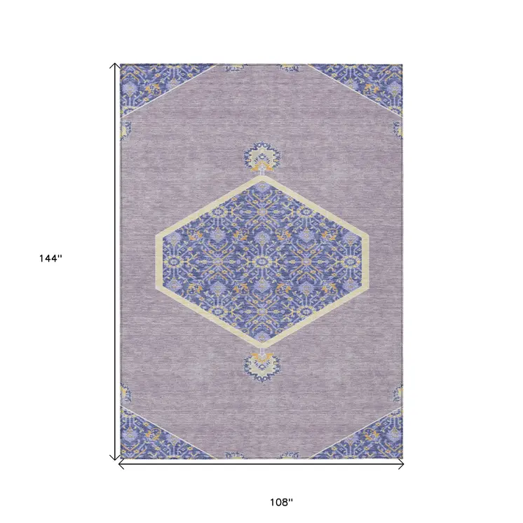 9' X 12' Lavender Gold And Purple Oriental Washable Indoor Outdoor Area Rug