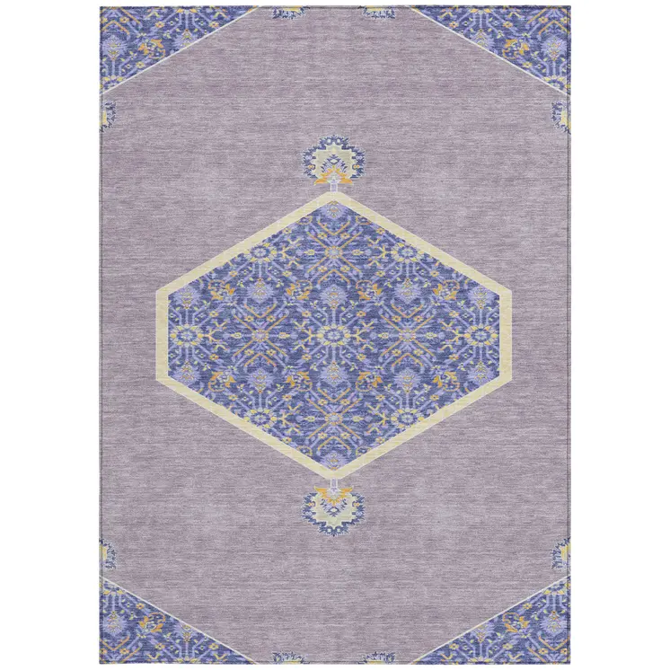 10' X 14' Lavender Gold And Purple Oriental Washable Indoor Outdoor Area Rug