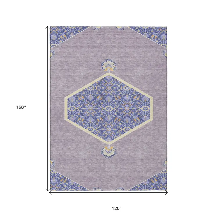 10' X 14' Lavender Gold And Purple Oriental Washable Indoor Outdoor Area Rug