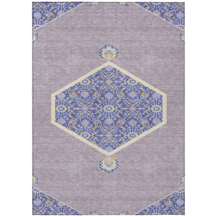 10' X 14' Lavender Gold And Purple Oriental Washable Indoor Outdoor Area Rug