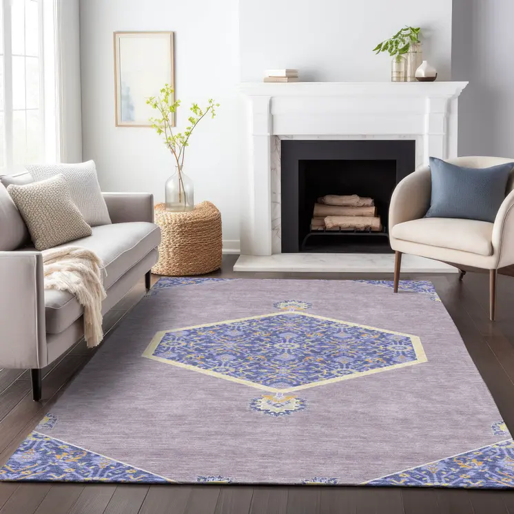 10' X 14' Lavender Gold And Purple Oriental Washable Indoor Outdoor Area Rug