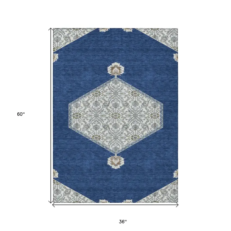 3' X 5' Navy Blue Gray And Beige Oriental Washable Indoor Outdoor Area Rug