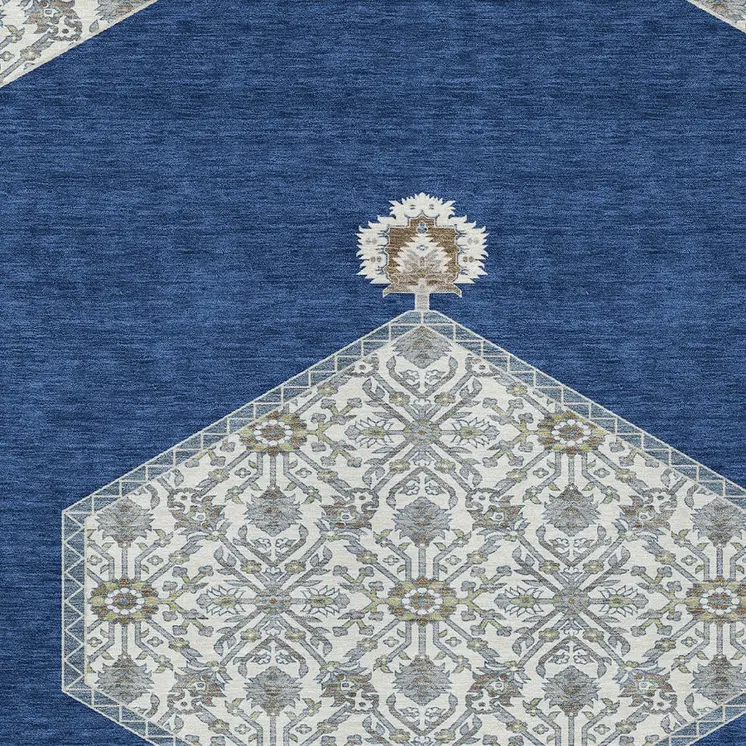 3' X 5' Navy Blue Gray And Beige Oriental Washable Indoor Outdoor Area Rug
