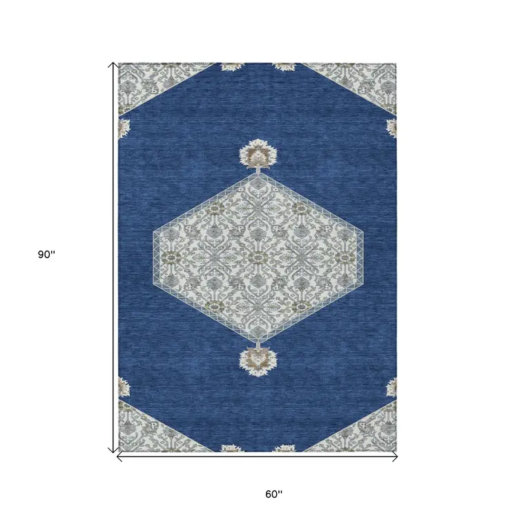 5' X 8' Navy Blue Gray And Beige Oriental Washable Indoor Outdoor Area Rug
