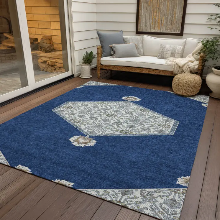 5' X 8' Navy Blue Gray And Beige Oriental Washable Indoor Outdoor Area Rug