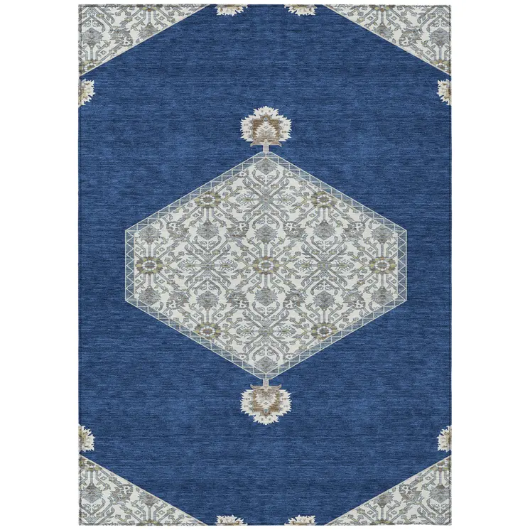 5' X 8' Navy Blue Gray And Beige Oriental Washable Indoor Outdoor Area Rug