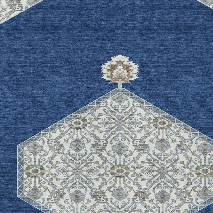 5' X 8' Navy Blue Gray And Beige Oriental Washable Indoor Outdoor Area Rug