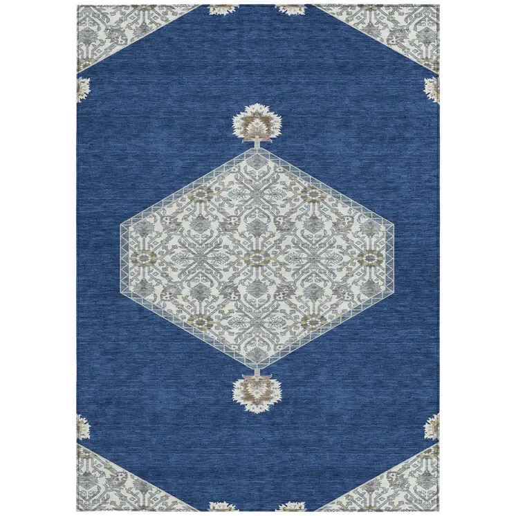 8' X 10' Navy Blue Gray And Beige Oriental Washable Indoor Outdoor Area Rug