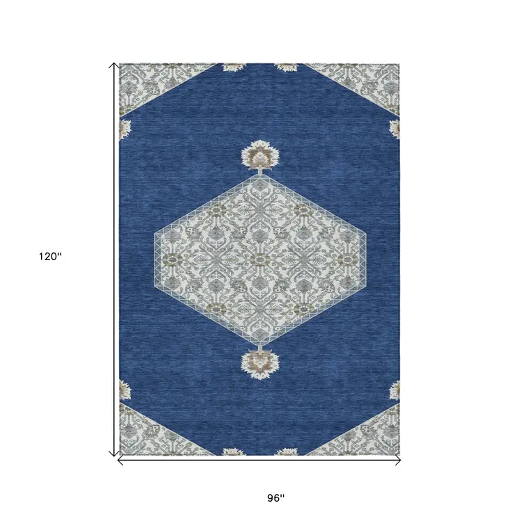 8' X 10' Navy Blue Gray And Beige Oriental Washable Indoor Outdoor Area Rug