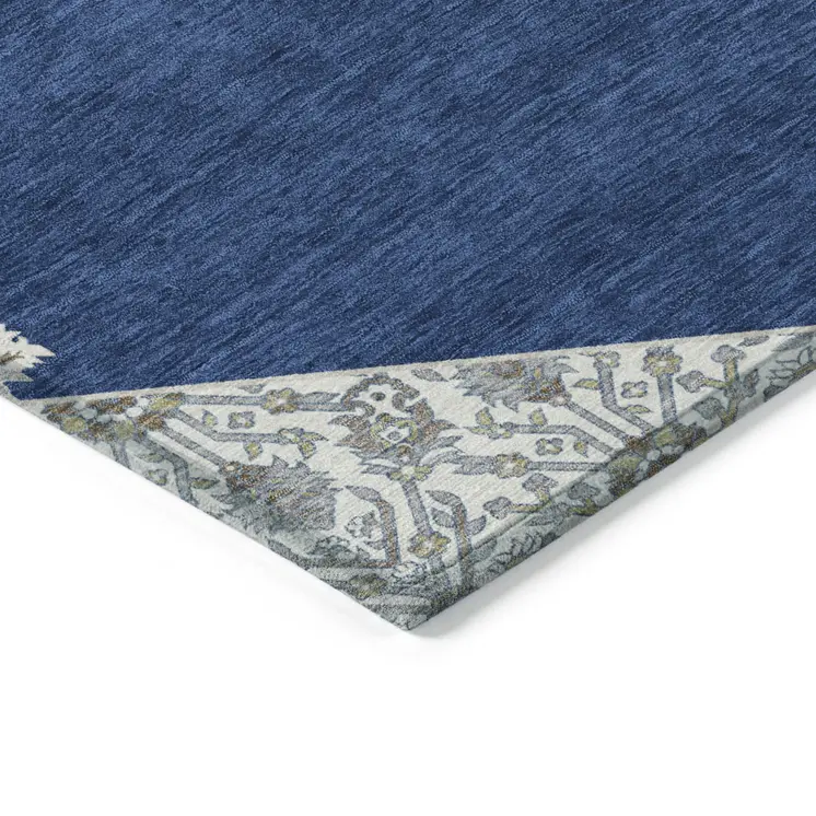 8' X 10' Navy Blue Gray And Beige Oriental Washable Indoor Outdoor Area Rug