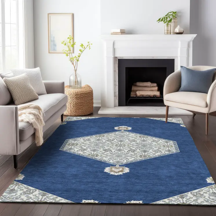 8' X 10' Navy Blue Gray And Beige Oriental Washable Indoor Outdoor Area Rug