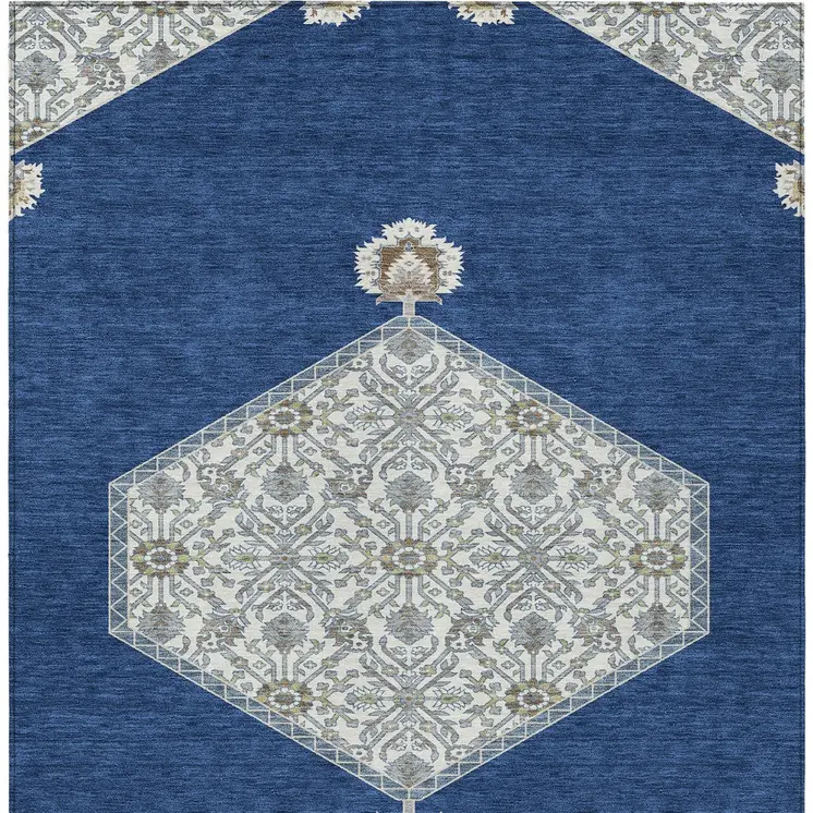 9' X 12' Navy Blue Gray And Beige Oriental Washable Indoor Outdoor Area Rug