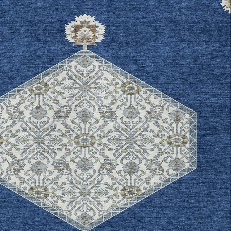 9' X 12' Navy Blue Gray And Beige Oriental Washable Indoor Outdoor Area Rug